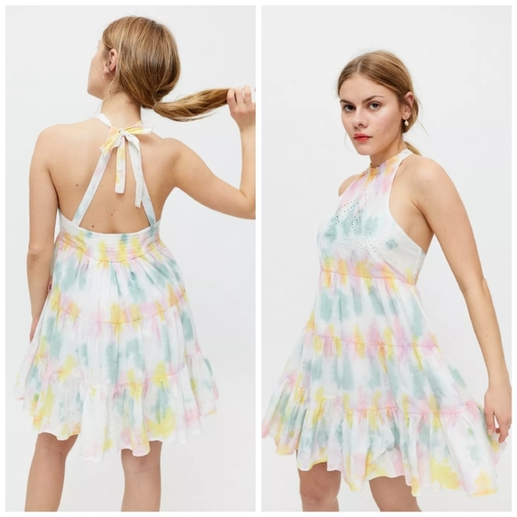 NEW!  UO Urban Outfitters Head in the Cloud Tie Dye Dress Pink Mint Yellow - Picture 8 of 14